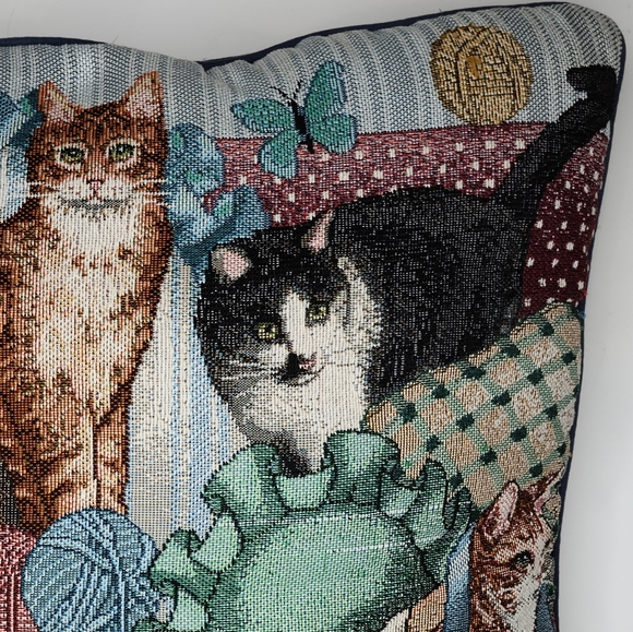 15" Cat Tapestry Fabric Accent Throw Pillow Sleeping Looking Yarn Butterfly - Picture 3 of 10